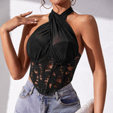 Lace mesh cross halter neck top diamond fishbone small vest - Negative Apparel