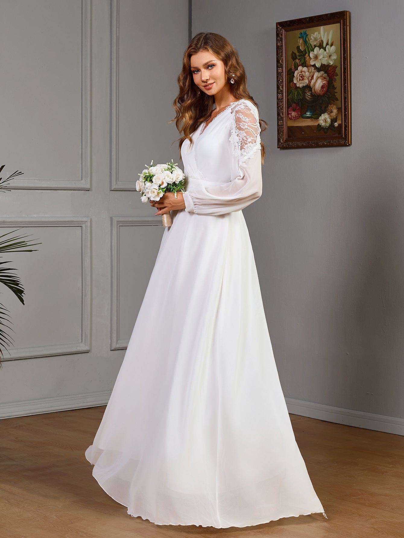 Lace stitching long waist noble evening dress chiffon wedding dress - Negative Apparel