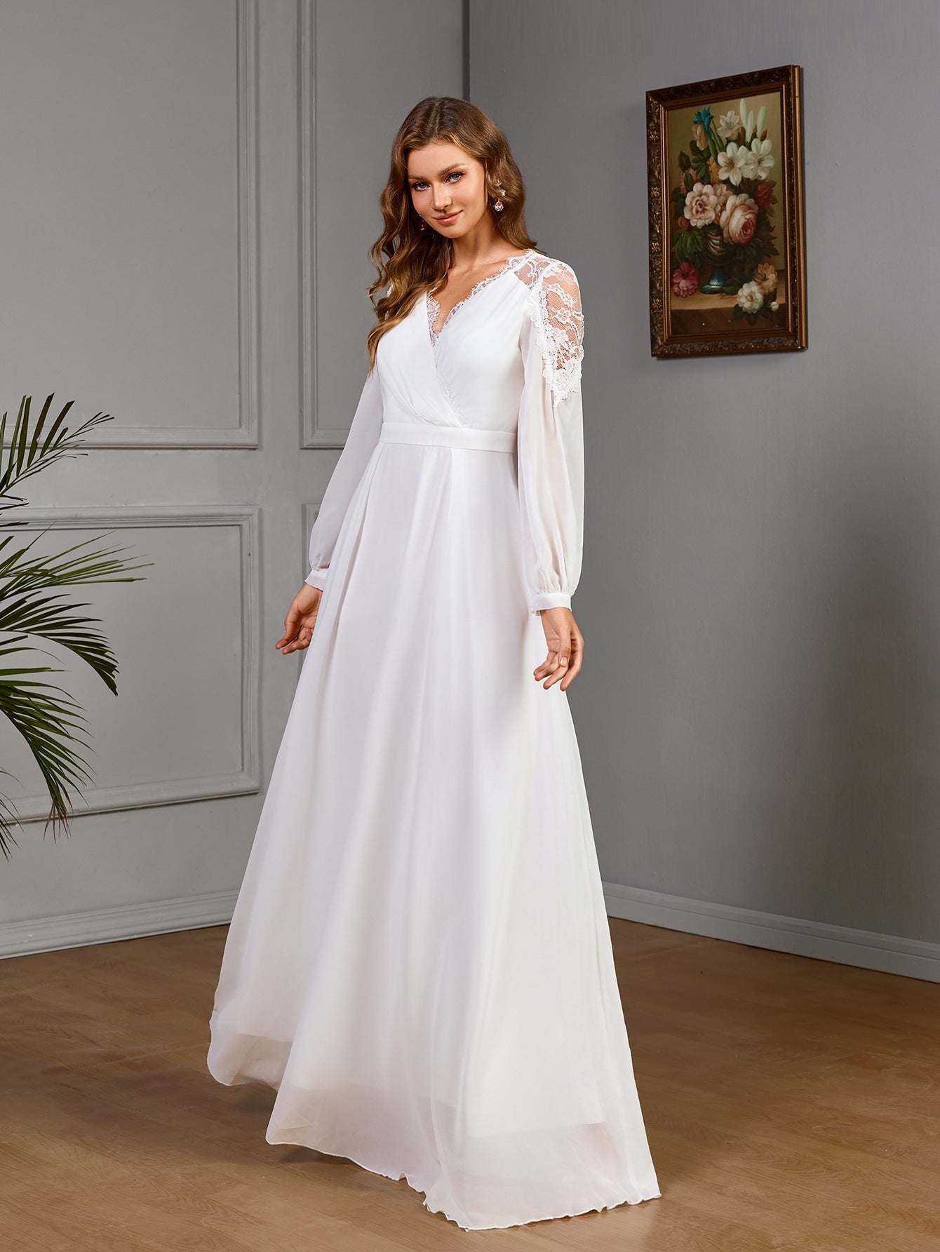 Lace stitching long waist noble evening dress chiffon wedding dress - Negative Apparel