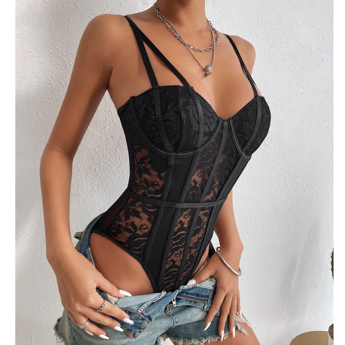 Lace stitching street style bodysuit - Negative Apparel