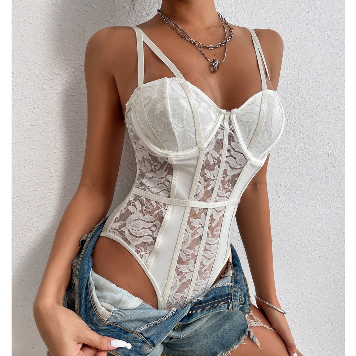 Lace stitching street style bodysuit - Negative Apparel