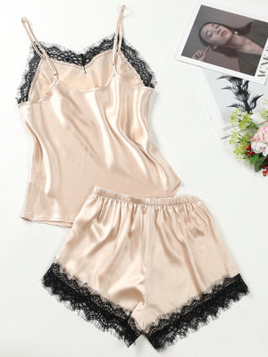 Lace Trim Satin Cami Top & Shorts PJ Set - Negative Apparel