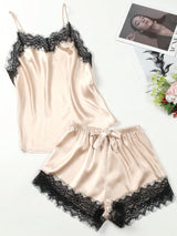 Lace Trim Satin Cami Top & Shorts PJ Set - Negative Apparel