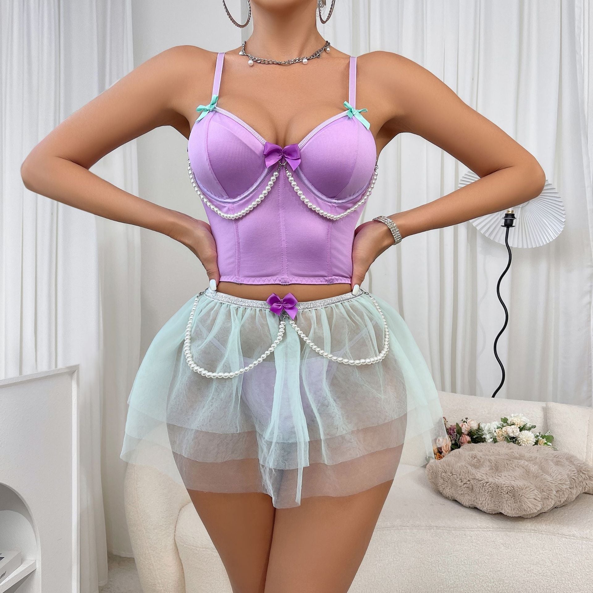 Lace tube top short skirt, pearl perspective set - Negative Apparel