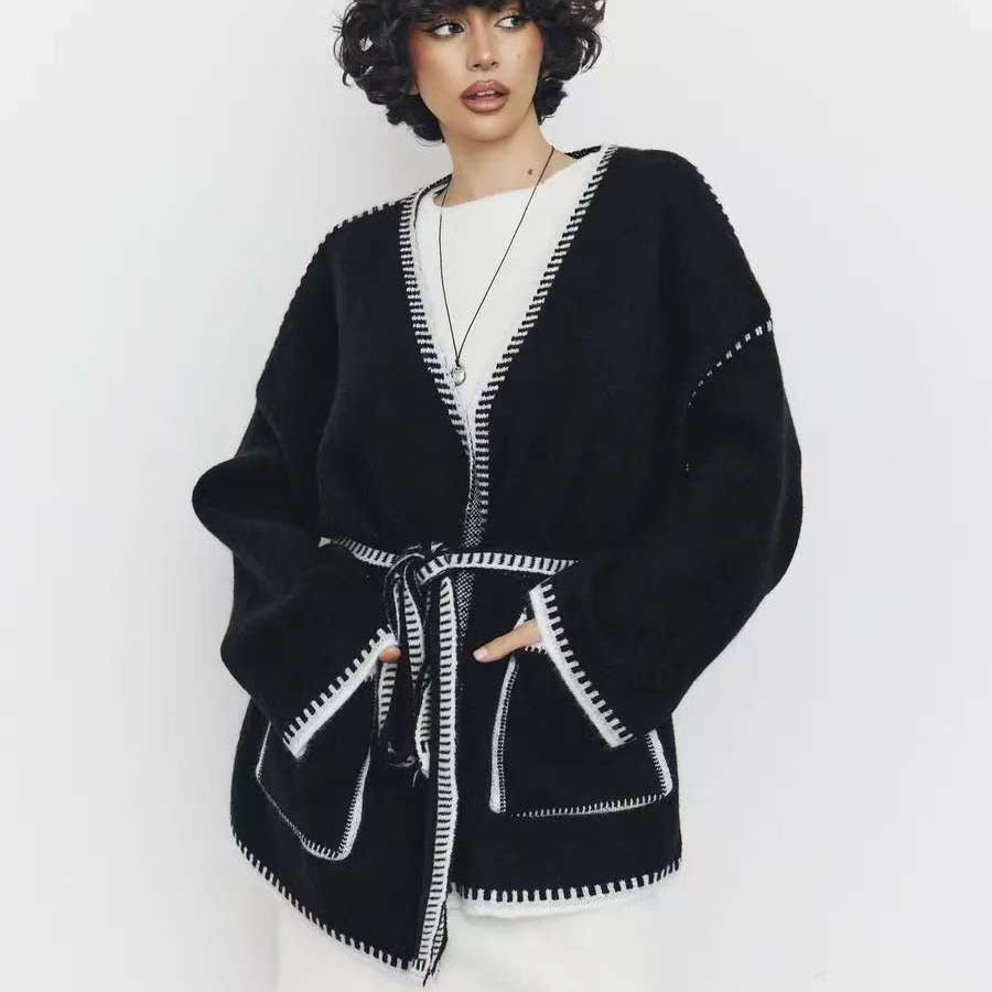 Lace - up knitted cardigan contrasting color sweater - Negative Apparel