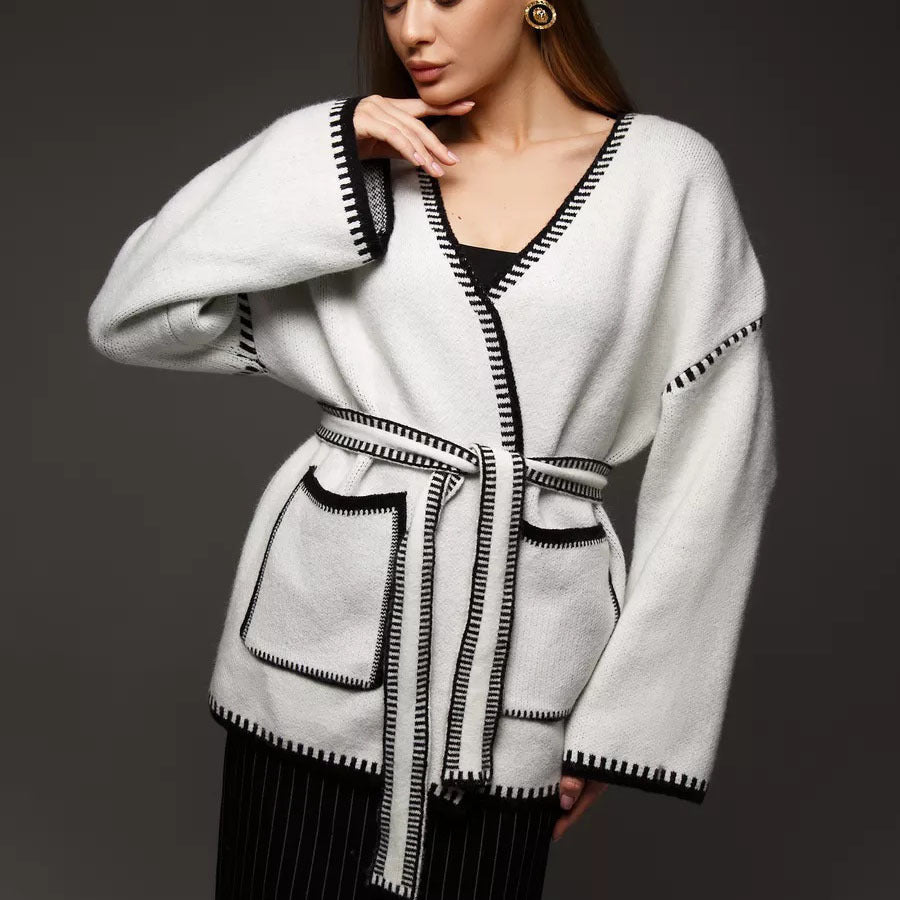 Lace - up knitted cardigan contrasting color sweater - Negative Apparel