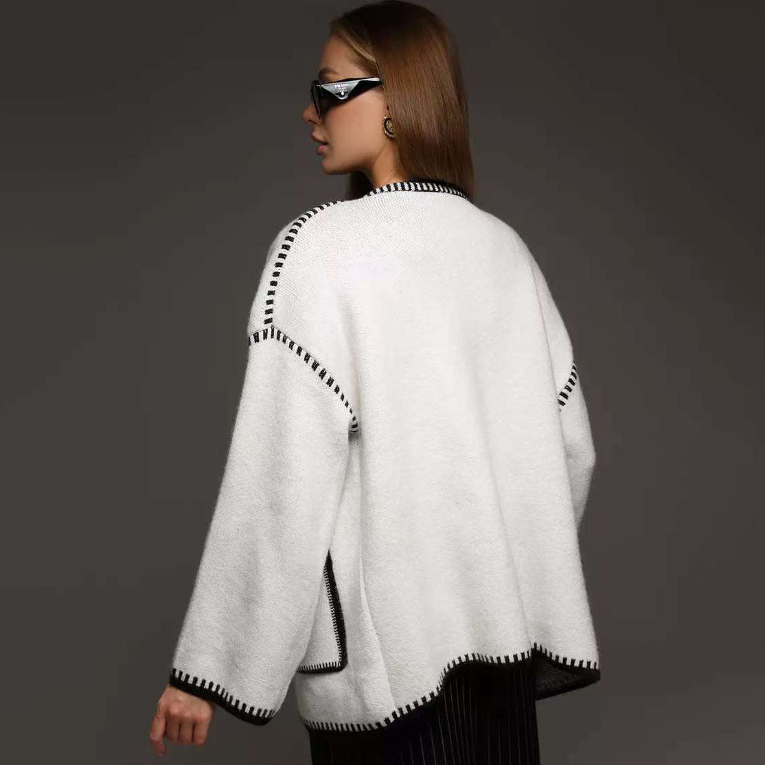 Lace - up knitted cardigan contrasting color sweater - Negative Apparel