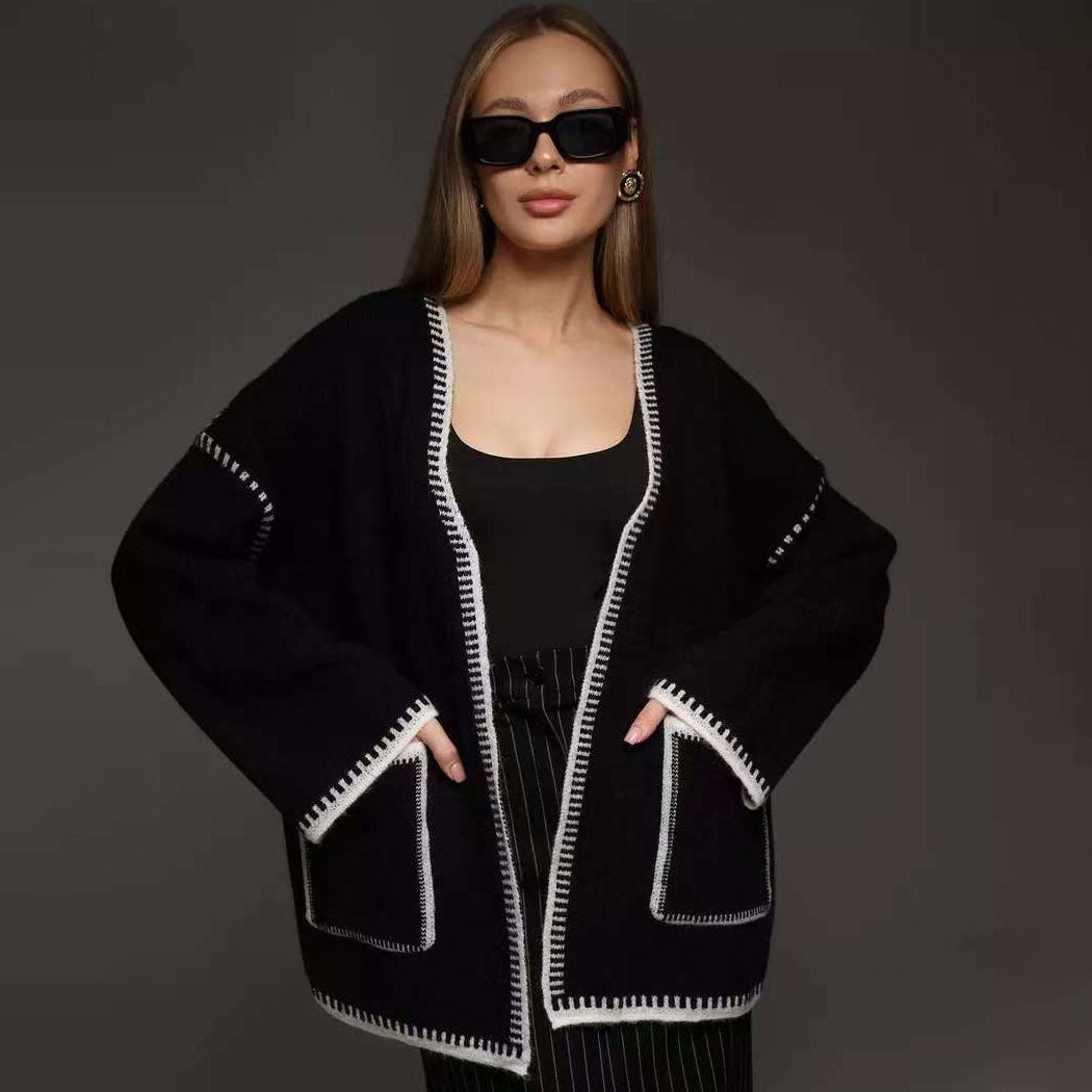 Lace - up knitted cardigan contrasting color sweater - Negative Apparel