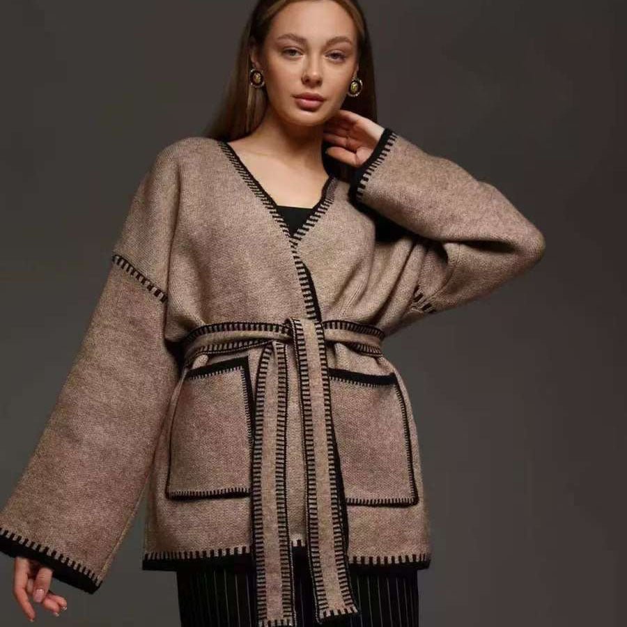 Lace - up knitted cardigan contrasting color sweater - Negative Apparel