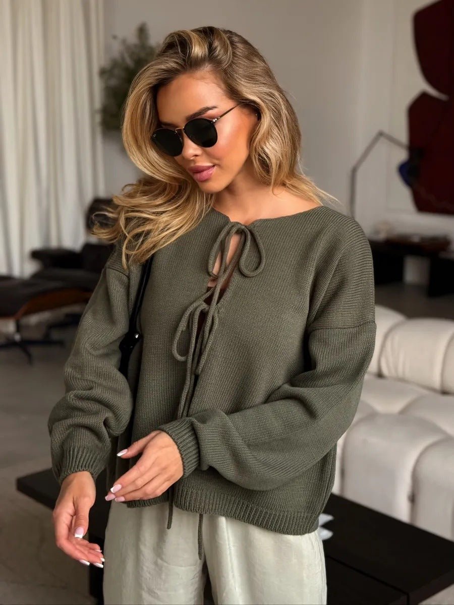 Lace - Up Short Cardigan Sweater – Solid Color, Temperament Commuter Style - Negative Apparel