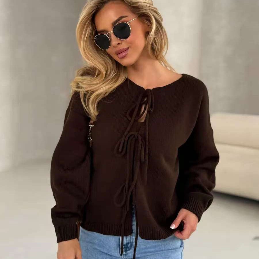 Lace - Up Short Cardigan Sweater – Solid Color, Temperament Commuter Style - Negative Apparel