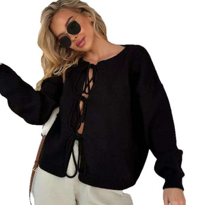 Lace - Up Short Cardigan Sweater – Solid Color, Temperament Commuter Style - Negative Apparel