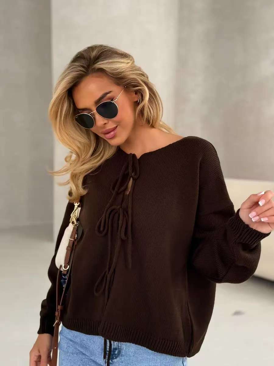 Lace - Up Short Cardigan Sweater – Solid Color, Temperament Commuter Style - Negative Apparel