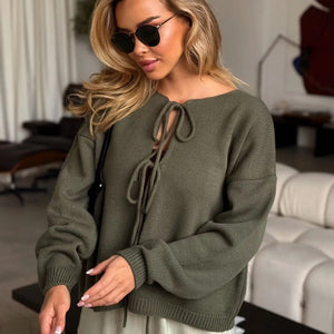 Lace - Up Short Cardigan Sweater – Solid Color, Temperament Commuter Style - Negative Apparel
