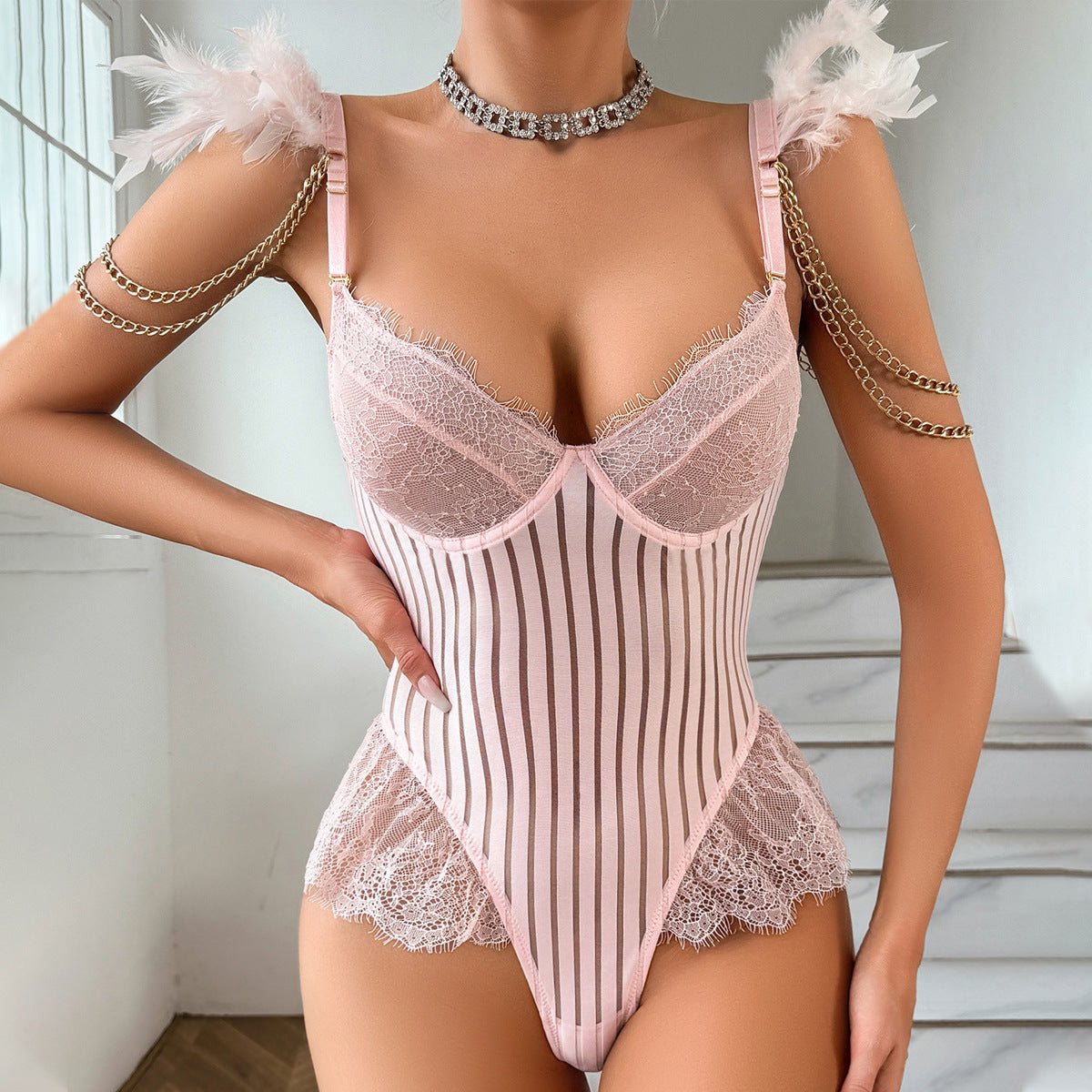 Lace Vertical Striped Mesh U - Shaped Backless Feather Shaping Sxy Bodysuit - Negative Apparel