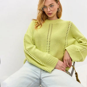 Ladies Cashmere Blend Hollow Knit Jumper – Commuter Style Crew Neck Pullover - Negative Apparel