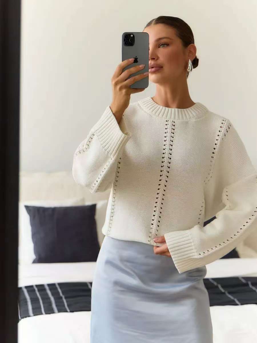 Ladies Cashmere Blend Hollow Knit Jumper – Commuter Style Crew Neck Pullover - Negative Apparel