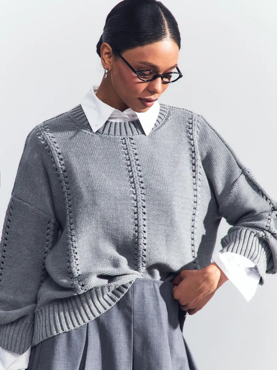 Ladies Cashmere Blend Hollow Knit Jumper – Commuter Style Crew Neck Pullover - Negative Apparel