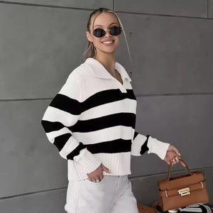 Ladies Casual Pullover Knit Sweater – Apricot Striped POLO Collar, Commuter Style - Negative Apparel