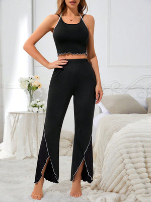 Ladies Strap Casual 2 - Piece Set With Split Hem And Contrast Side Pajama Set - Negative Apparel