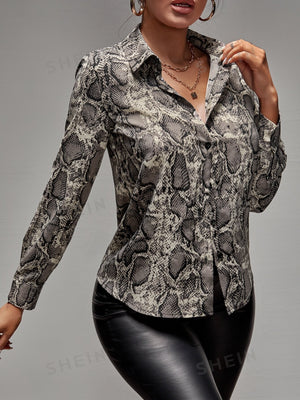 Lady Snakeskin Print Button Up Shirt - Negative Apparel