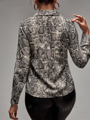 Lady Snakeskin Print Button Up Shirt - Negative Apparel