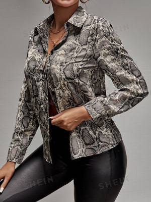 Lady Snakeskin Print Button Up Shirt - Negative Apparel