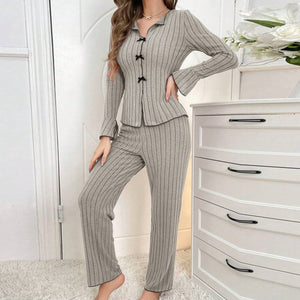 Lapel collar casual bow long sleeve trousers can be worn outside home clothes two - piece suit for women - Negative Apparel