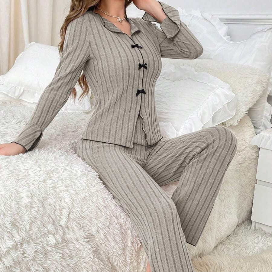 Lapel collar casual bow long sleeve trousers can be worn outside home clothes two - piece suit for women - Negative Apparel