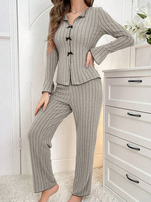 Lapel collar casual bow long sleeve trousers can be worn outside home clothes two - piece suit for women - Negative Apparel