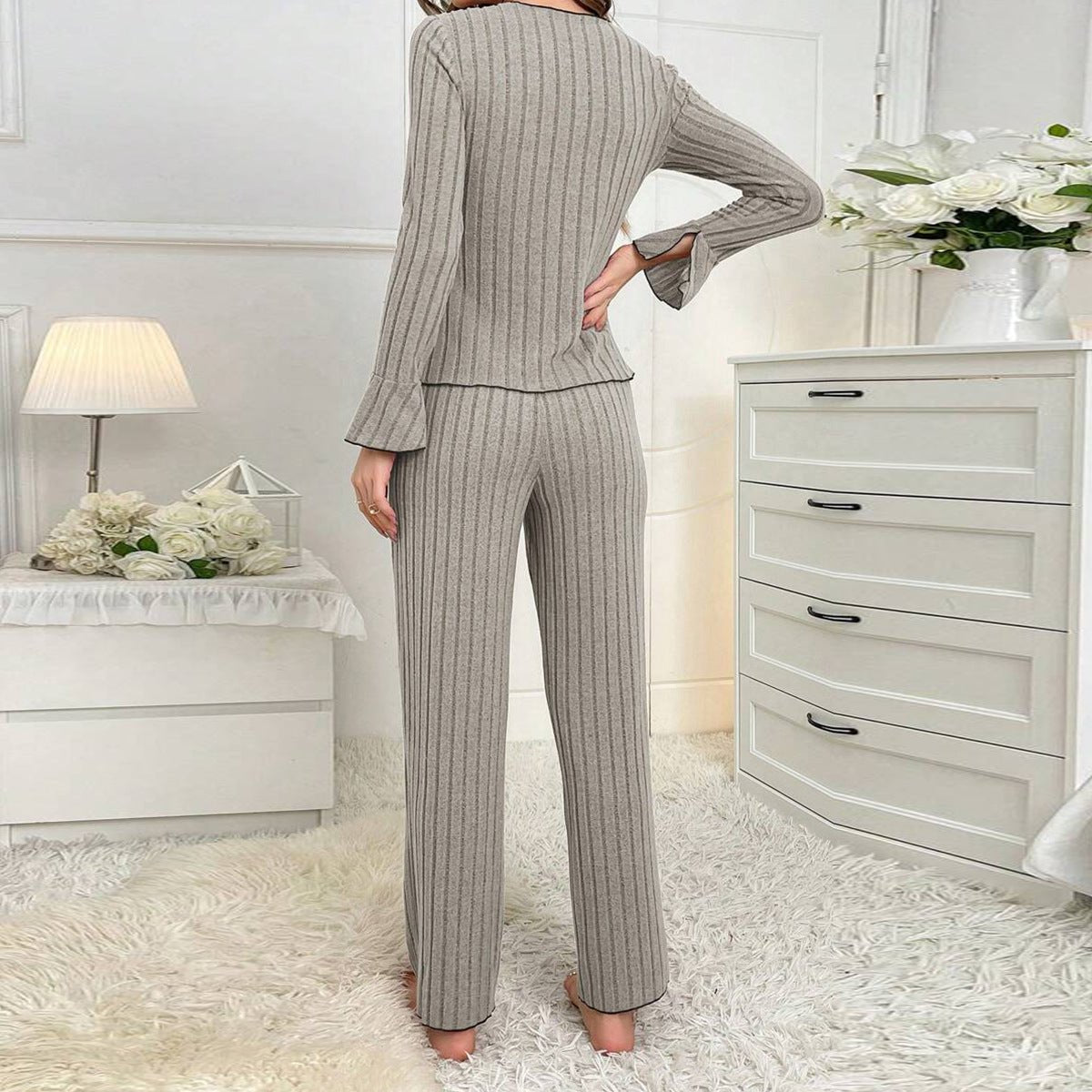 Lapel collar casual bow long sleeve trousers can be worn outside home clothes two - piece suit for women - Negative Apparel