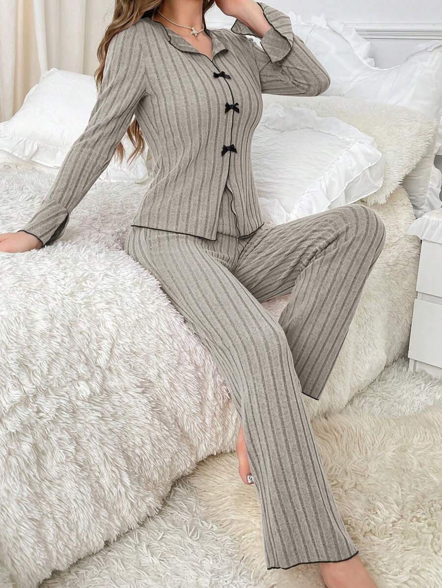 Lapel collar casual bow long sleeve trousers can be worn outside home clothes two - piece suit for women - Negative Apparel