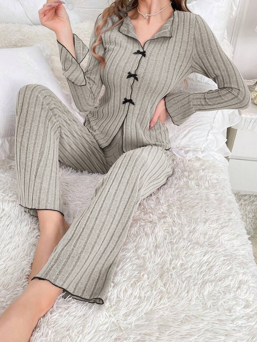 Lapel collar casual bow long sleeve trousers can be worn outside home clothes two - piece suit for women - Negative Apparel