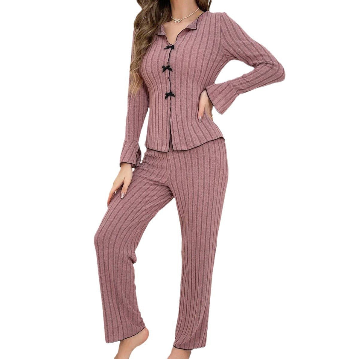 Lapel collar leisure bow long - sleeved trousers home clothes - Negative Apparel