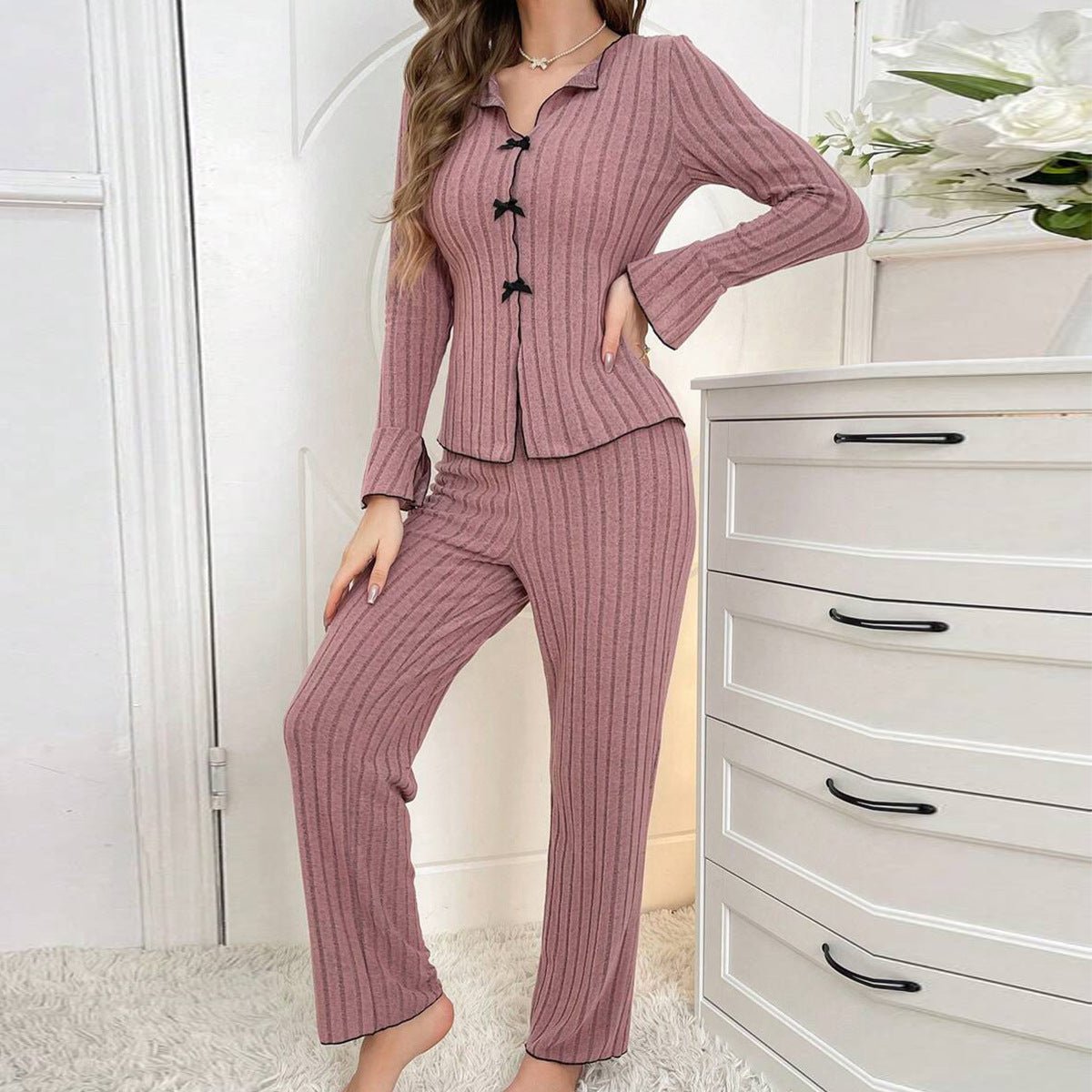 Lapel collar leisure bow long - sleeved trousers home clothes - Negative Apparel