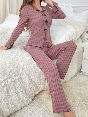 Lapel collar leisure bow long - sleeved trousers home clothes - Negative Apparel