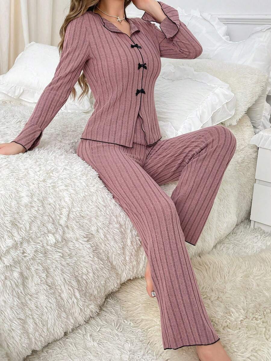 Lapel collar leisure bow long - sleeved trousers home clothes - Negative Apparel