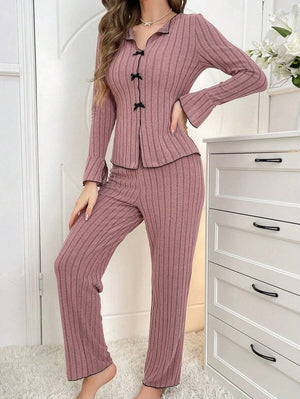 Lapel collar leisure bow long - sleeved trousers home clothes - Negative Apparel