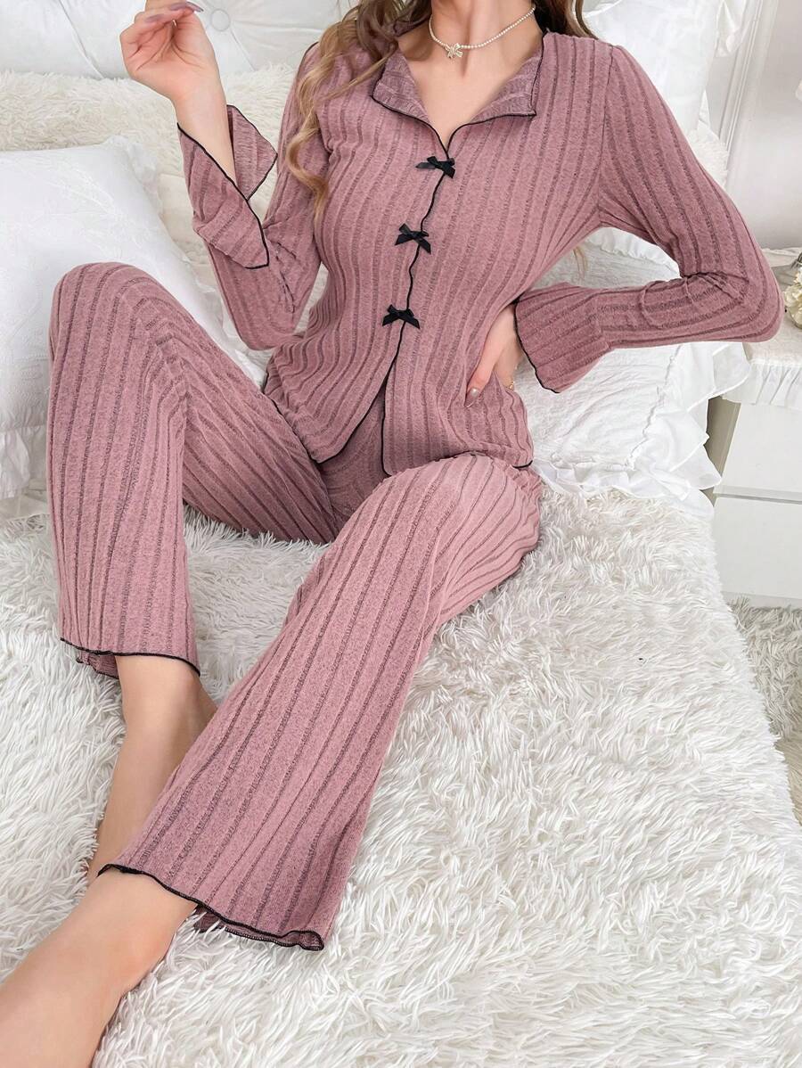 Lapel collar leisure bow long - sleeved trousers home clothes - Negative Apparel