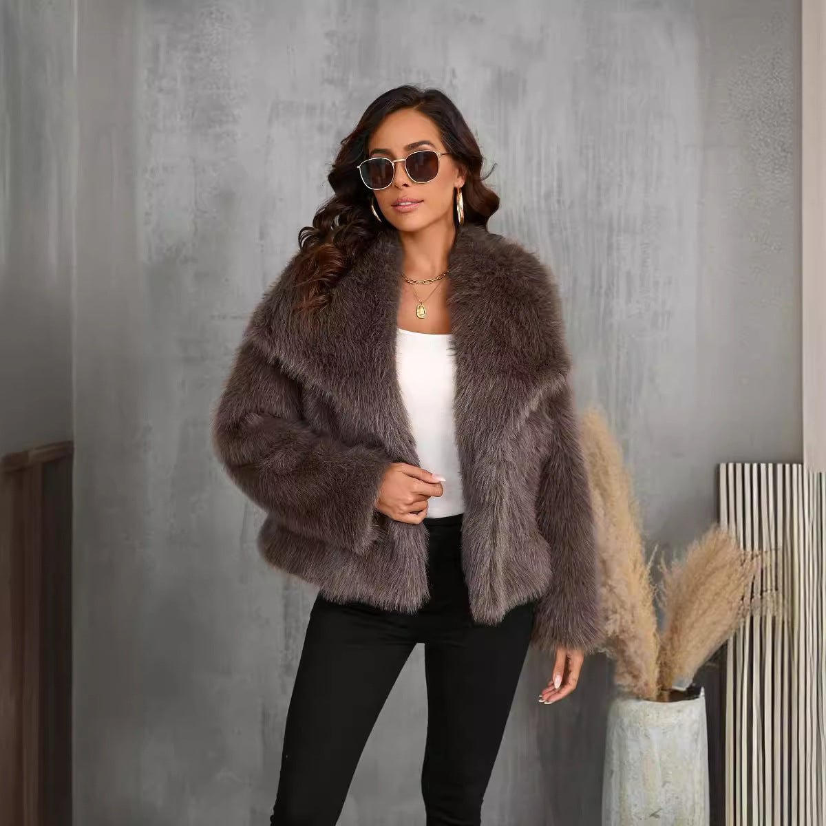 Lapel faux fur coat short body fluffy plush women's coat - Negative Apparel