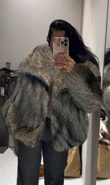 Lapel faux fur coat short body fluffy plush women's coat - Negative Apparel