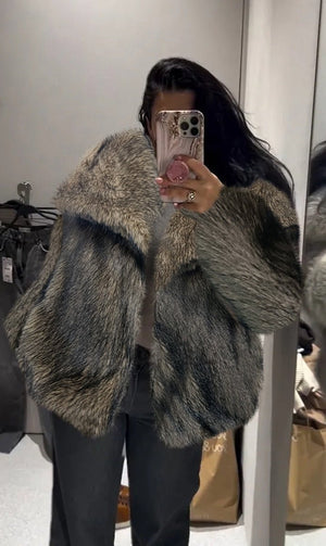 Lapel faux fur coat short body fluffy plush women's coat - Negative Apparel