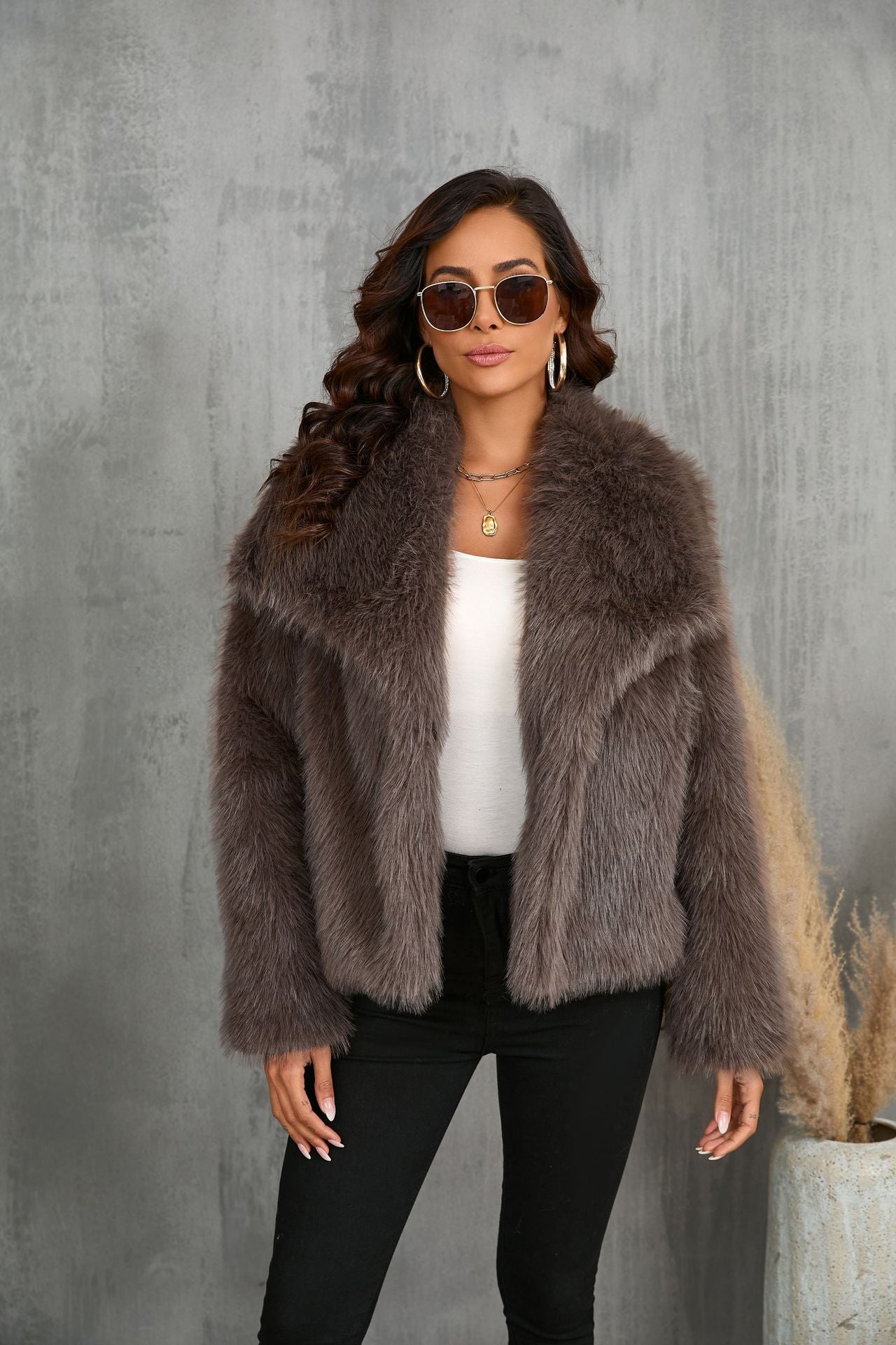 Lapel faux fur coat short body fluffy plush women's coat - Negative Apparel