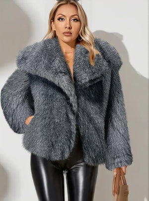 Lapel faux fur coat short body fluffy plush women's coat - Negative Apparel