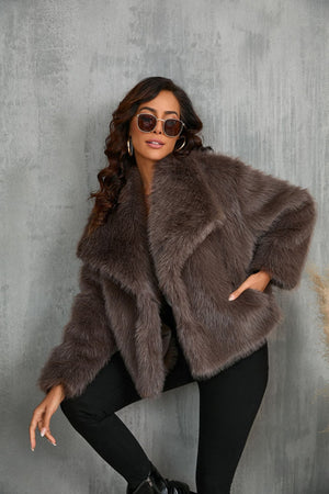 Lapel faux fur coat short body fluffy plush women's coat - Negative Apparel