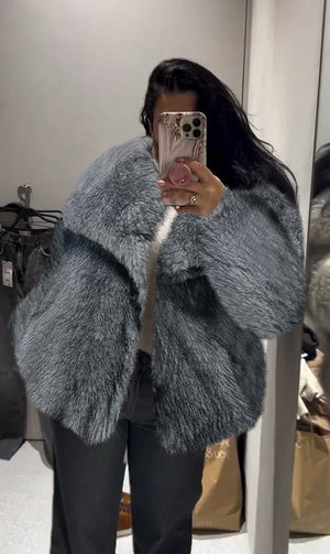 Lapel faux fur coat short body fluffy plush women's coat - Negative Apparel