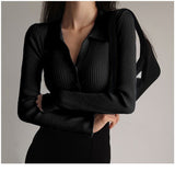 Lapel slim and thin jacket pit strip buckle sexy V - neck long - sleeved POLO neck knitted cardigan sweater women's wholesale - Negative Apparel