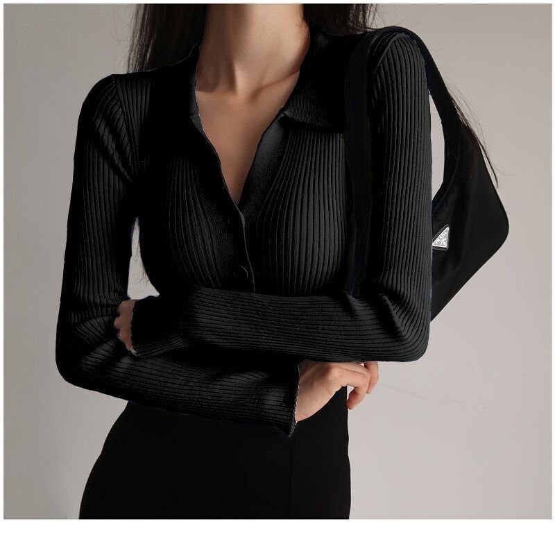Lapel slim and thin jacket pit strip buckle sexy V - neck long - sleeved POLO neck knitted cardigan sweater women's wholesale - Negative Apparel