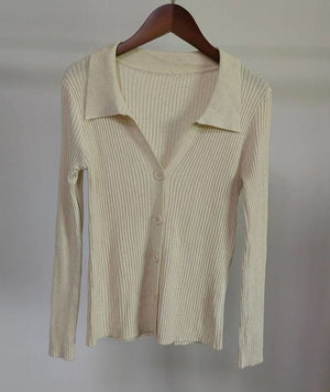 Lapel slim and thin jacket pit strip buckle sexy V - neck long - sleeved POLO neck knitted cardigan sweater women's wholesale - Negative Apparel