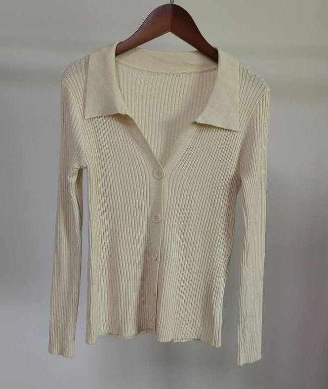 Lapel slim and thin jacket pit strip buckle sexy V - neck long - sleeved POLO neck knitted cardigan sweater women's wholesale - Negative Apparel